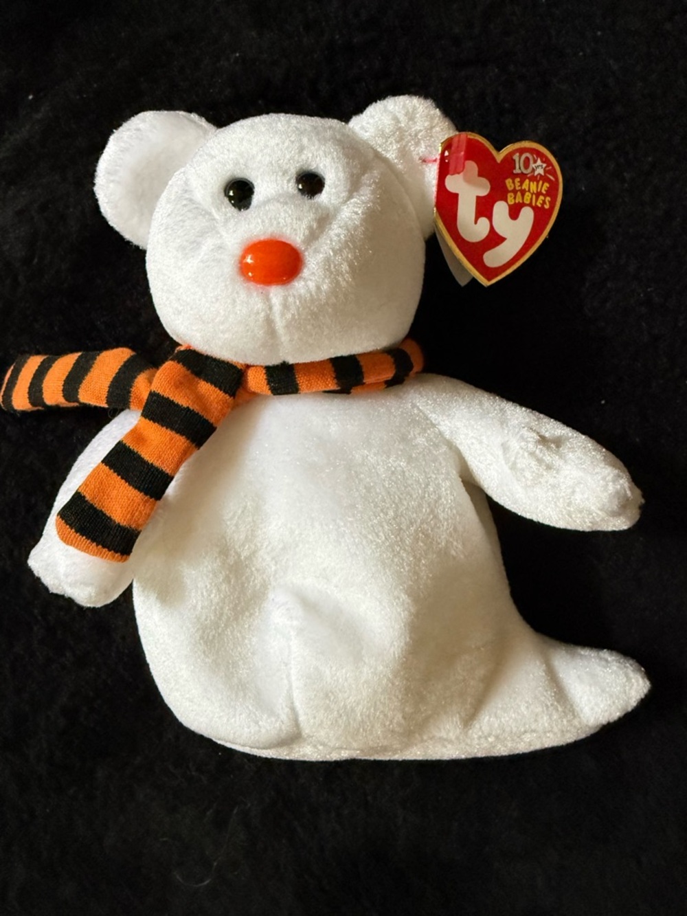 Ty White Beanie Baby Bear with Orange & Black Striped Scarf